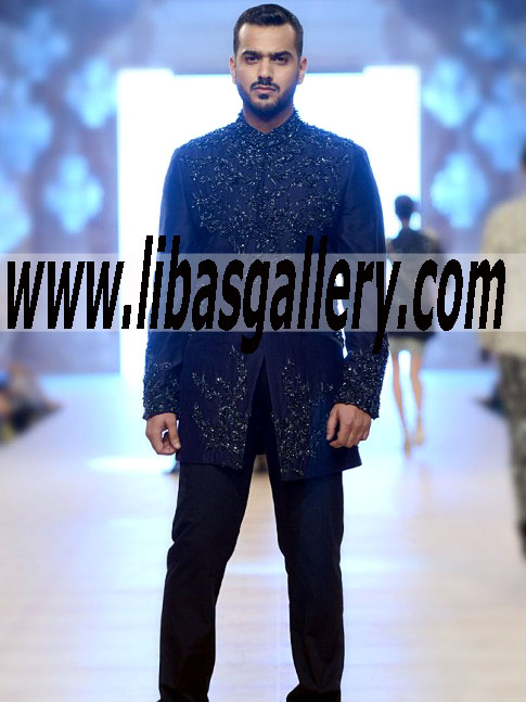 hsy dark blue wedding sherwani in raw silk with same and silver color hand embellishment dulha achkan collection shop online france germany dubai